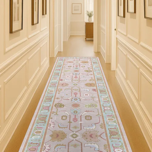 Miniatura 41 de Fame Living Alfombra Oushak Crema Azul, Alfombras Pequeñas Modernas, Vintage, Turca, Ecléctica, Floral, Pastel, Lavable, Tapete para Puerta, Felpudo