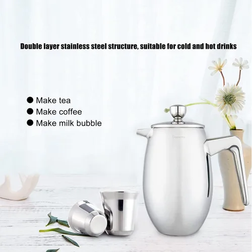 Miniatura 3 de Cafetera de prensa francesa, acero inoxidable de grado 304 con cuchara, tetera de prensa francesa aislada de doble pared para el hogar, 27.1 fl oz
