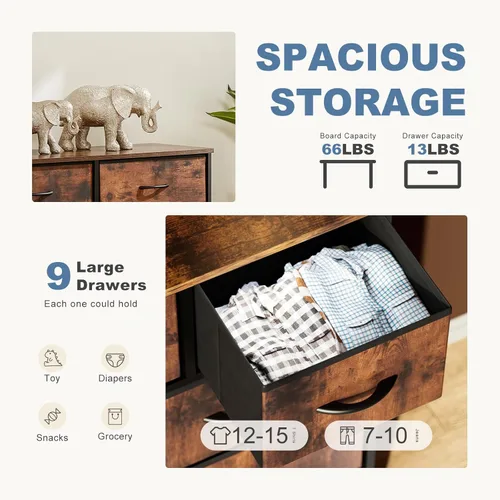 Miniatura 3 de DUMOS Cómoda para dormitorio, organizador de almacenamiento con 9 cajones, cómoda con cubos de tela, marco de metal resistente, mesa de madera