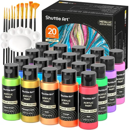 Shuttle Art Juego de pintura acrílica metálica, 20 colores de pintura metálica en botellas (60 ml, 2 oz) con 10 pinceles y 1 paleta, pigmentos