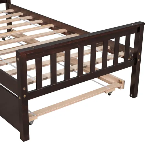 Miniatura 7 de VECELO Twin Size Platform Bed with Trundle, Solid Wood Twin Bed Frame with Slat Support, 400lbs+200lbs Weight Capacity, No Box Spring Needed