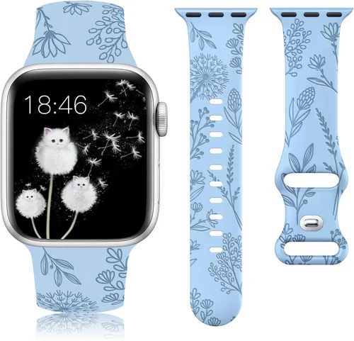 Minyee - Correa floral grabada compatible con Apple Watch de 41mm 40mm 38mm 42mm 44mm 45mm 46mm 49mm para mujeres, correa deportiva de silicona