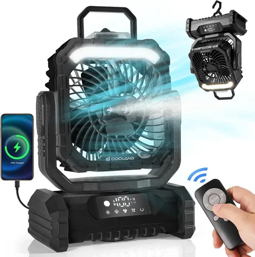 Miniatura 9 de Odoland Ventilador de nebulización portátil con luz, batería recargable de 30000 mAh, ventilador de campamento con 2 pulverizadores, ventilador