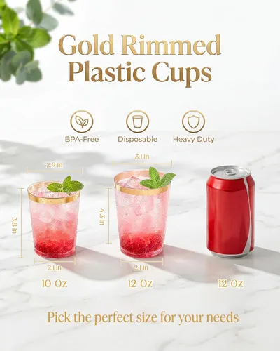 Miniatura 2 de Nervure 120 vasos de plástico dorados – Vasos de plástico con borde dorado de 10 onzas – Vasos desechables resistentes – Taza transparente con borde