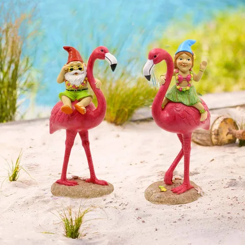 Miniatura 6 de Goodeco Paquete de 2 estatuas de flamenco de gnomos de 11 pulgadas, adorables regalos de flamenco rosa hawaiano, regalos de cumpleaños y mamá