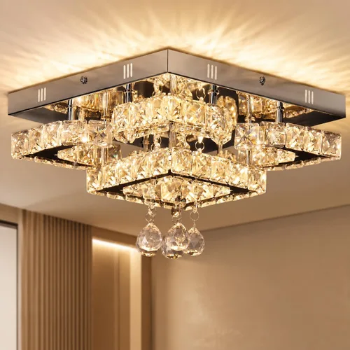 Miniatura 10 de Lámpara de techo LED moderna de 15.7 pulgadas, lámpara de araña de cristal de montaje empotrado, lámpara moderna con forma de luna redonda para sala