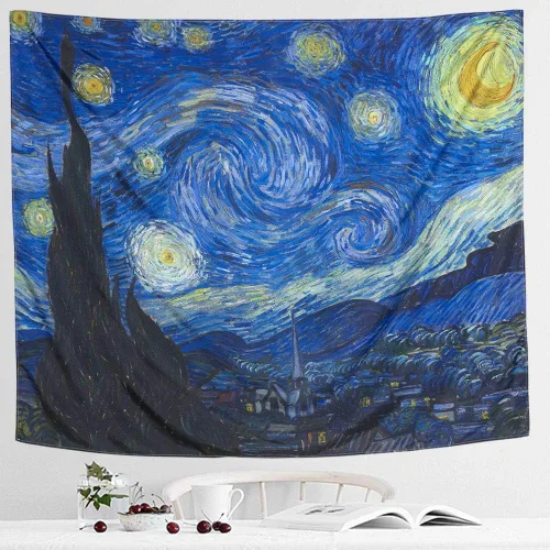 Miniatura 5 de IcosaMro Tapiz de pared con diseño de noche estrellada, V. Gogh Art - Tapices de pared [51 x 60 pulgadas] [dobladillos doblados], mantel de manta