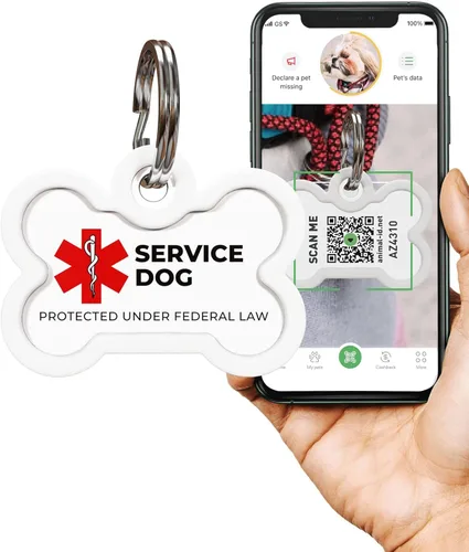 Etiqueta para mascotas con código QR - ID de perro de servicio, ESA, etiquetas de nombre de apoyo emocional (hueso)