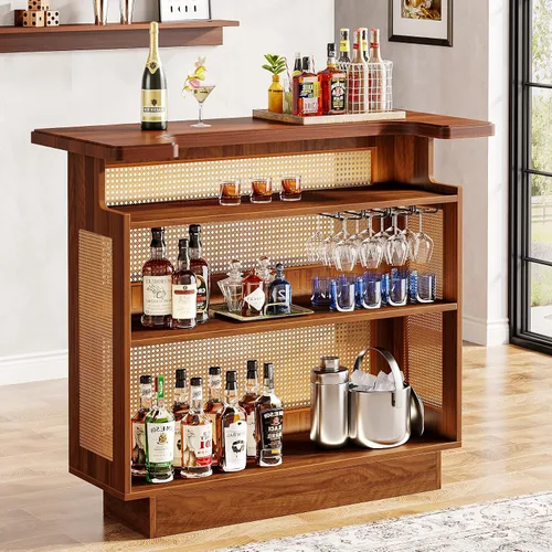 Miniatura 8 de Tribesigns: unidad de bar para el hogar de ratán, mesa de bar de 4 estantes estilo granja con 4 portavasos y base elevada, gabinete de bar