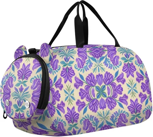 Trendy Vintage Flower Lavender Blue1 Duffel Bag with Shoes Compartment Large Capacity Carry On Overnight Bag for Boys and Girls bolsos deportivos