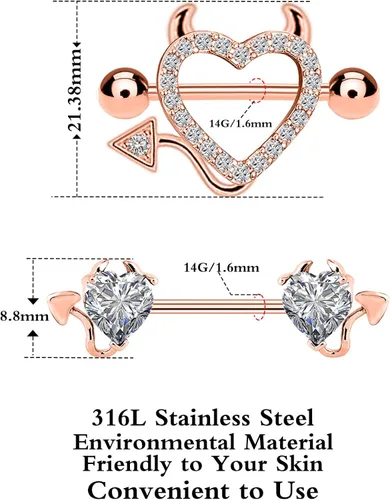 Miniatura 2 de BODY16G CZCZ Piercing para pezones de acero inoxidable 316L con forma de corazón de diablo con circonita cúbica para pezones piercing corporal