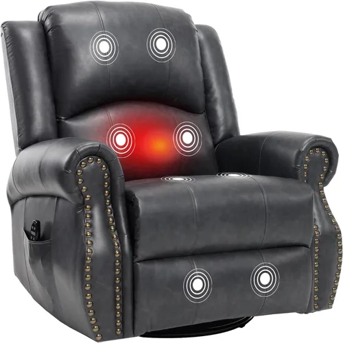 Miniatura 20 de PELUMY Silla reclinable giratoria de cuero transpirable para adultos, balancín giratorio de 360° con masaje térmico y vibratorio, silla de descanso