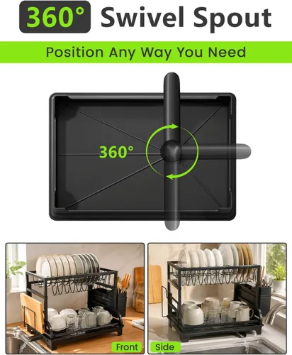 Miniatura 2 de Escurridor de platos plegable de 2 niveles con bandeja, organizador de cocina de gran capacidad en acero inoxidable con soporte para tazas