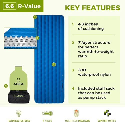 Miniatura 2 de ATEPA ThermAir Pro - Colchoneta de dormir aislada para mochileros, 6.6 R-Value 4 pulgadas de grosor, ultraligero y silencioso, colchón de aire