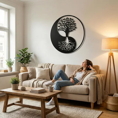 Miniatura 5 de DEKADRON Arte de pared de metal, árbol de la vida, decoración de Yin Yang, decoración de pared, decoración de interiores, colgantes de pared