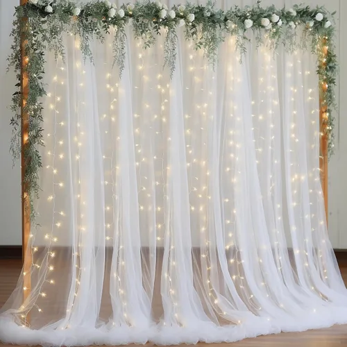 Miniatura 30 de Cortina de telón de fondo de tul azul bebé de 10 x 8 pies con cadena de luces para fiestas, cortinas de fondo transparentes para bodas, baby shower