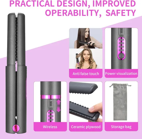 Miniatura 5 de OBEST Rizador de pelo inalámbrico 2 en 1, plancha plana inalámbrica de calentamiento rápido, alisador portátil para alisar y rizar el cabello, 5000