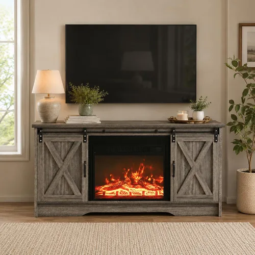 4 EVER WINNER - Centro de entretenimiento con chimenea para TV de 65 pulgadas, puerta corrediza de granero, soporte de TV de estilo rústico con Gris