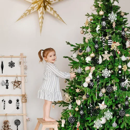 Miniatura 6 de 120 Piezas Adornos para Árbol de Navidad en Blanco y Negro Bola de Navidad Copo de Nieve Colgantes Adornos de Dulces Remolino Adorno de Piruleta