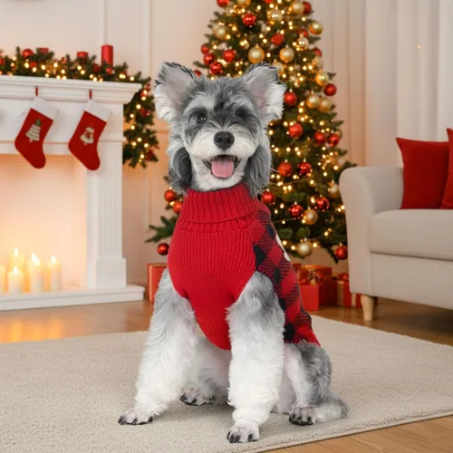 Miniatura 5 de KYEESE - Suéter de Navidad para perros con diseño de renos para perros pequeños, ropa a cuadros de búfalo rojo con agujero para la correa para días