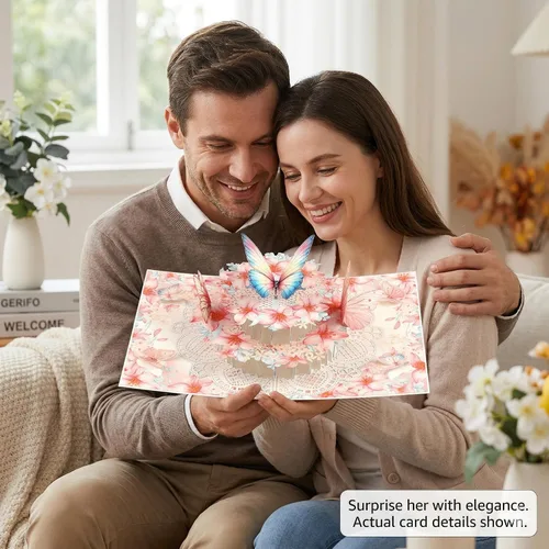 Miniatura 2 de Tarjeta de cumpleaños desplegable 3D – Elegante tarjeta de felicitación emergente de pastel floral de mariposa rosa para mujeres, mamá, esposa