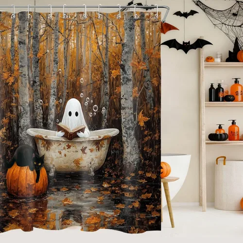 Miniatura 35 de LB Cortina de ducha de otoño para baño, divertido gato negro con fantasma en la bañera en el bosque de otoño, cortina de ducha de tela de cosecha