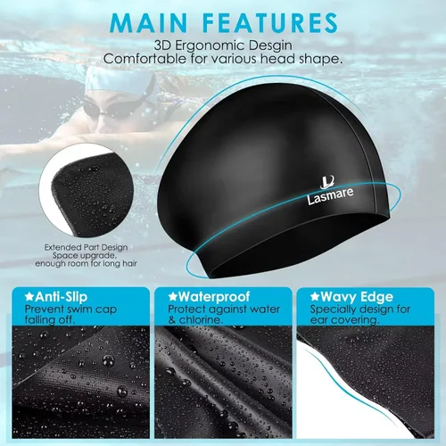 Miniatura 3 de Large Long Hair Swim Cap with Extra Room for Women Men, Silicone Swimming Cap for Long Thick Hair with Ear Plugs Nose Clip Set, Adult Waterproof
