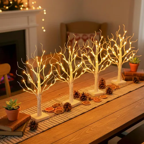 Miniatura 2 de EAMBRITE Árbol de abedul con luces LED para decoración de Navidad en interiores, árbol de mesa iluminado de 22 en 24 LED, ramita blanca, funciona