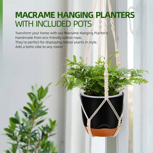 Miniatura 6 de Paquete de 2 macetas colgantes de riego automático de 7.2 pulgadas para plantas de interior y exterior, macetas colgantes de macramé de 34 pulgadas
