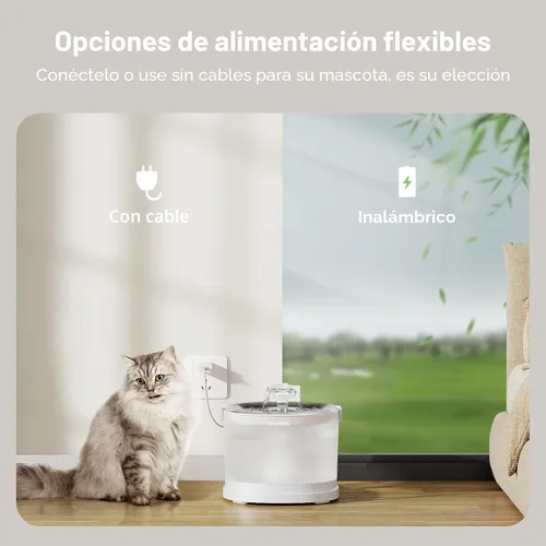 Miniatura 5 de Cheerble Fuente de Agua para Gatos sin Bomba, Fuente de Agua Inalámbrica para Mascotas Operada por Batería, Dispensador Automático de Agua E1+