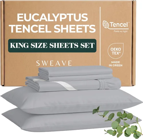 Miniatura 10 de Sábanas de eucalipto: sábanas refrescantes de Tencel de mezcla Queen con algodón egipcio, tejido de percal ultrasuave y transpirable, juego de ropa