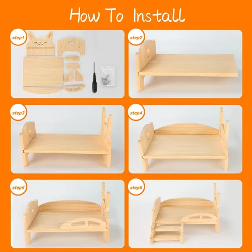 Miniatura 5 de BWOGUE Cama de Madera para Conejo de Indias con Escaleras y Alfombrilla, Cama de Felpa Lavable para Animales Pequeños, Plataforma de Cama
