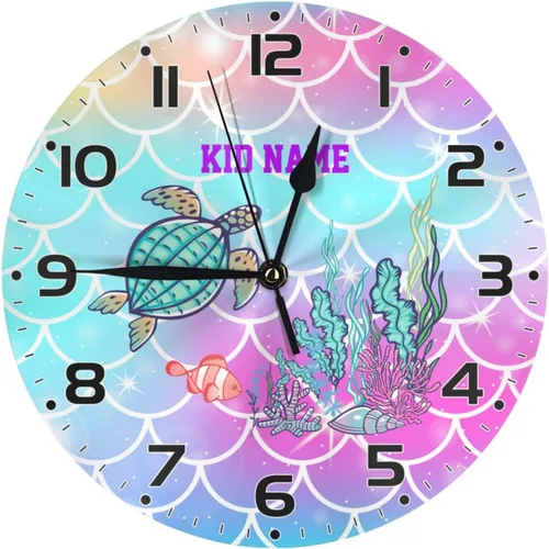 Miniatura 12 de Reloj de pared personalizado con escamas de sirena coloridas y estrellas de mar para habitación de niños, reloj de pared personalizado con nombre