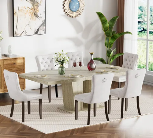 Miniatura 47 de Henf Juego de mesa de comedor extensible de 7 piezas para 6, 160 cm-200 cm Mesa de cocina extensible de grano de mármol blanco con 6 sillas Blanco