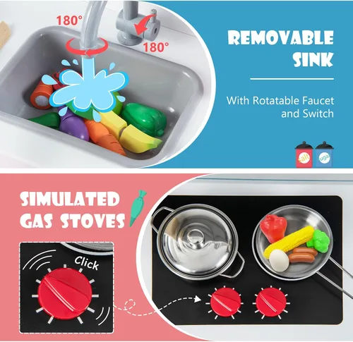 Miniatura 2 de Costzon Juego de cocina para niños, juego de cocina de madera con sonido, microondas, horno, máquina de hielo, campana extractora, estufas