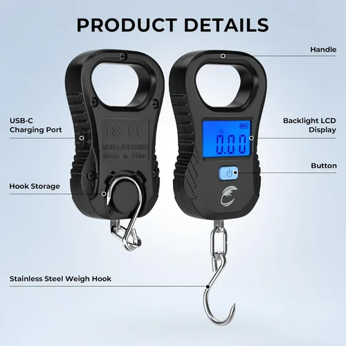 Miniatura 6 de Calamus Báscula de pescado ligera - Báscula digital recargable con cable USB, capacidad de 55 libras, unidades múltiples libras/onzas y kilogramos