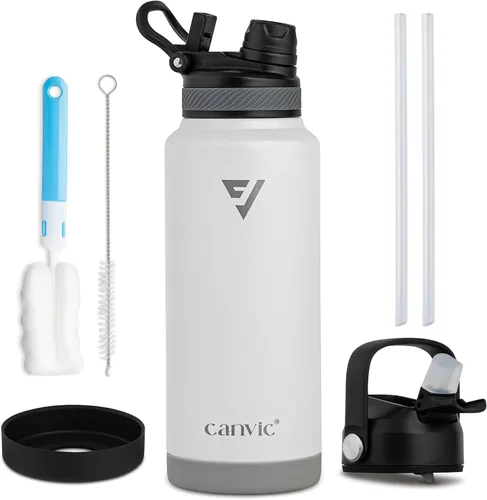 Miniatura 13 de Canvic DualSip - Botella de agua de acero inoxidable aislada al vacío de 32 onzas, 2 tapas a prueba de fugas (pajilla y pico), boca ancha, sin BPA