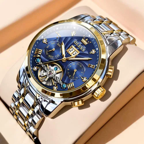 Miniatura 2 de OLEVS Relojes automáticos para hombres, reloj de pulsera mecánico de esqueleto de lujo dorado con cuerda automática, diamante luminoso, impermeable
