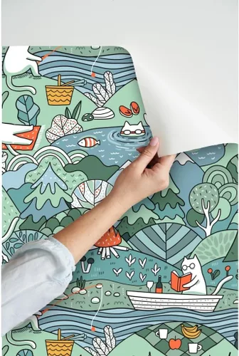 Miniatura 3 de Papel tapiz para despegar y pegar – Day Lake restaura la naturaleza, animales, gatos, picnic de verano, gatos, papel tapiz extraíble personalizado