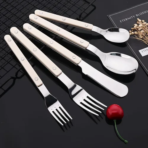 Miniatura 7 de JASHII Juego de cubiertos de 20 piezas de acero inoxidable con remache, juego de cubiertos retro, cuchillo, tenedor, cuchara, servicio para 4 Mango