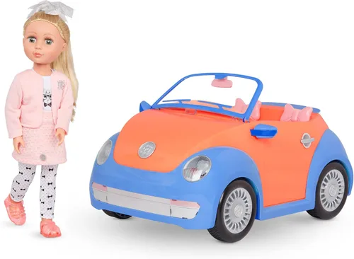 Glitter Girls Paquete de muñeca y vehículo de 14 pulgadas - Cabello rubio y ojos verdes - Coche azul y naranja - Maletero y soportes para cupcakes -