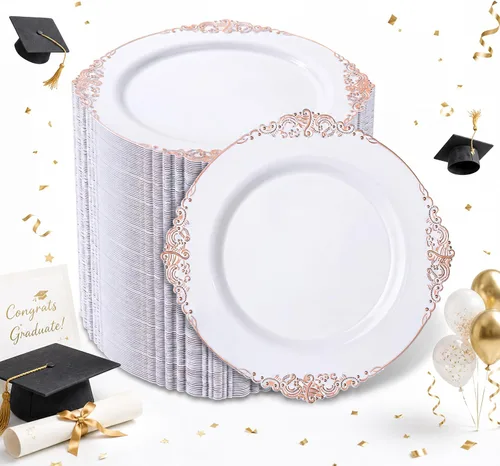 Morejoy 100 platos de plástico, desechables, platos de postre de oro blanco y rosa de 7.5 pulgadas para bodas, fiestas y duchas rosa y oro