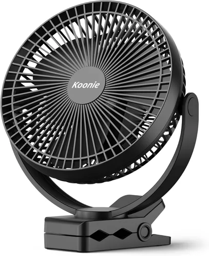 Koonie-Ventilador de clip, 10,000 mAh, recargable, 8 pulg, USB, 4 velocidades, fuerte flujo de aire, abrazadera, p/carrito de Negro