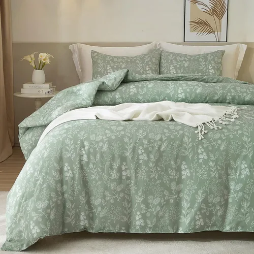 Miniatura 71 de Juego de funda de edredón blanca con estampado floral azul, juego de ropa de cama de algodón suave estilo bohemio, juego de ropa de cama estética