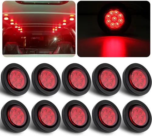 Konrali 10 Piezas Luces Marcadoras LED Redondas Rojas de 2 Pulgadas 9 LED con Reflectores, Luces Marcadoras Laterales de Separación LED Rojo