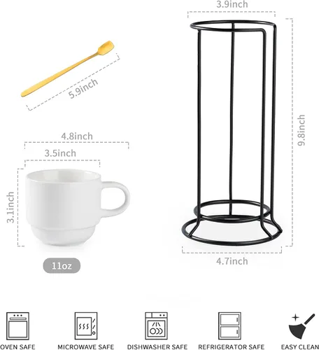 Miniatura 2 de YHOSSEUN Juego de 4 tazas de café de porcelana, apilables con soporte de metal y cucharas, tazas de café espresso de 11 onzas para americano, Blanco