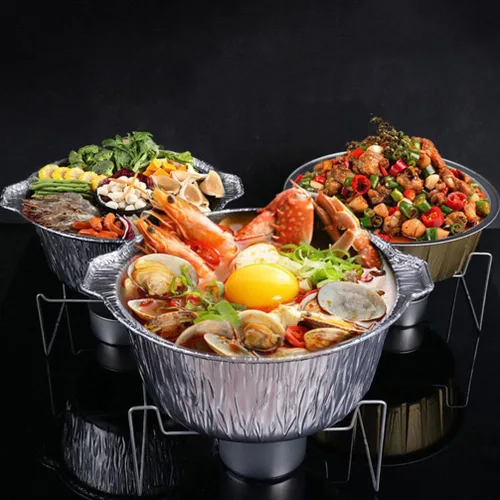 Miniatura 8 de Yardwe Sartenes redondos de papel de aluminio con tapas, 5 latas de aluminio desechables, contenedor de alimentos, moldes de papel de aluminio