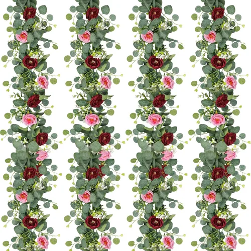 Miniatura 9 de TOCHGREEN Paquete de 4 Guirnaldas de Flores de Eucalipto Artificial con Rosas Blancas, Guirnalda de Flores de Rosa Falsa Vegetación Enredaderas