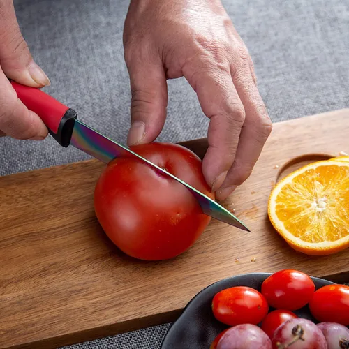 Miniatura 8 de SiliSlick Juego de cuchillos para carne de acero inoxidable, cuchillos de cocina coloridos con revestimiento de titanio con borde recto, suave