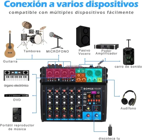 Miniatura 8 de BOMGE Amplificador mezclador de sonido de audio alimentado por dj de 6 canales, altavoz estéreo de 100 W, efectos de receptor de audio